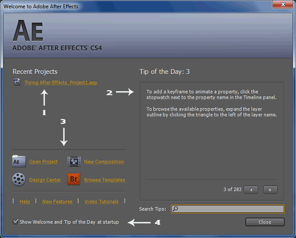 After Effects Welcome and tip of the day dialog